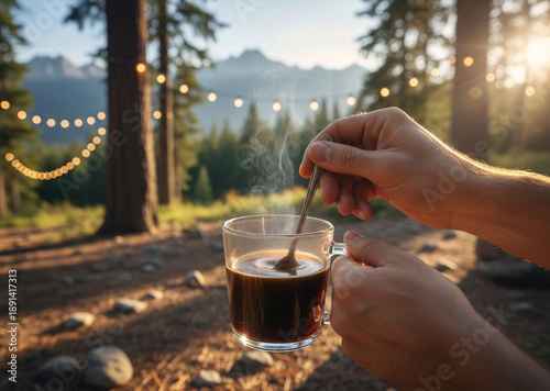 First-Person View Morning Coffee at Forest Campsite ,POV Camping Coffee Forest