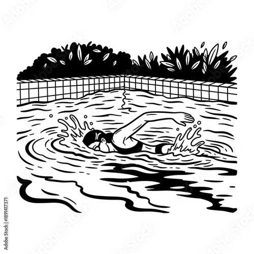 Man swimming freestyle in a pool with goggles and cap.