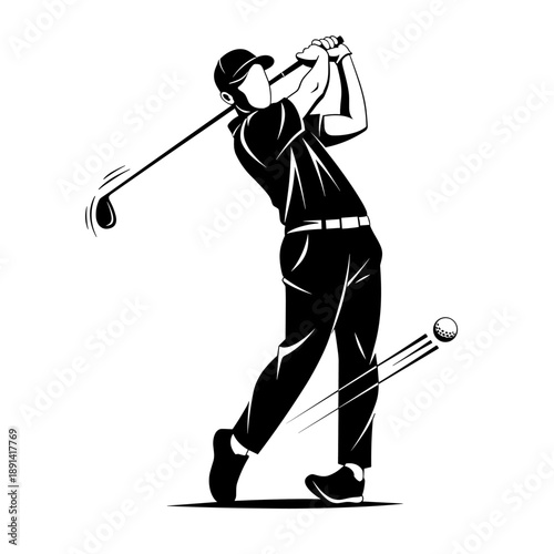 Golfer swinging club hitting ball sport illustration.
