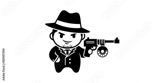 A black and white vector illustration of a cartoon mobster with submachine gun