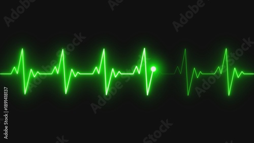 Photos A green neon heartbeat line glowing brightly against a dark background