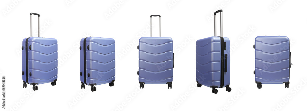 Fototapeta premium Suitcase set. Wheeled luggage with telescopic handle, side grip and hard protective case in blue and
