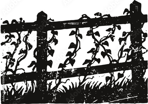 wooden garden fence with climbing vines and grass silhouette illustration