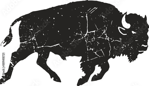 Silhouette of a buffalo with a distressed vintage texture effect on white background