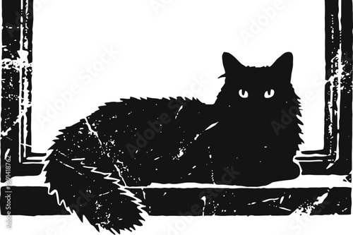 Black cat silhouette sitting on windowsill with textured design elements