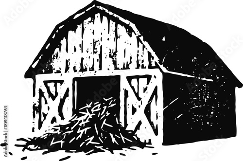 Rustic wooden barn with open doors and hay pile at the entrance in black and white illustration