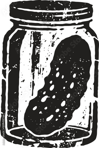 Glass jar with a preserved pickle inside, vintage hand drawn food illustration