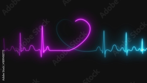 A neon heart rate monitor with a pink and blue heartbeat on a black background