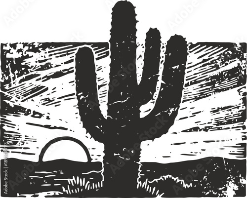 Desert landscape with cactus silhouette and setting sun in vintage woodcut