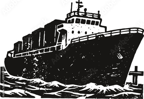 Cargo ship sailing on rough ocean waves in black and white illustration