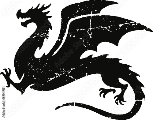 Black grunge dragon silhouette with wings spread and clawed limbs attacking