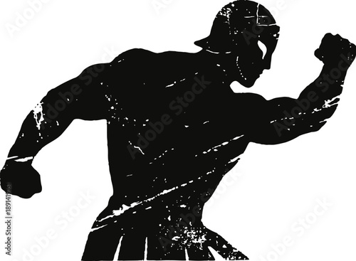 Silhouette of muscular male warrior with helmet in dynamic battle pose, vintage grunge