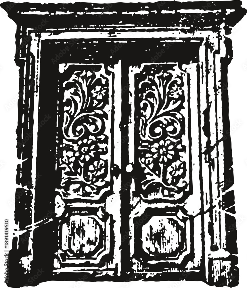 Fototapeta premium Ornate vintage wooden door with floral carvings and weathered texture, antique architectural design