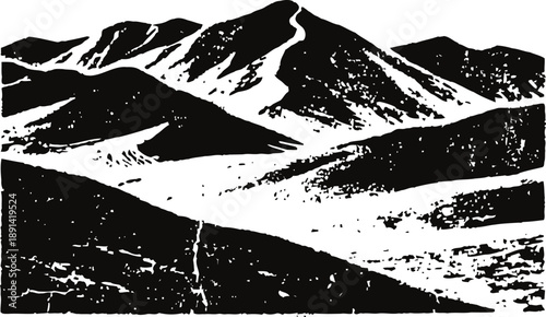 Mountain landscape silhouette with rugged peaks and slopes in black and white contrast
