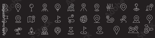 Navigation and location pin icons set, GPS map pointer, global direction symbols, tracking route design, editable stroke line art
