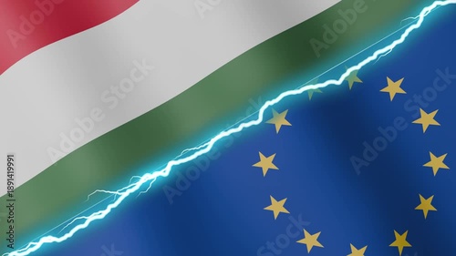 Two waving flags Hungary and European Union with diagonal lightning seamless, 4k loop