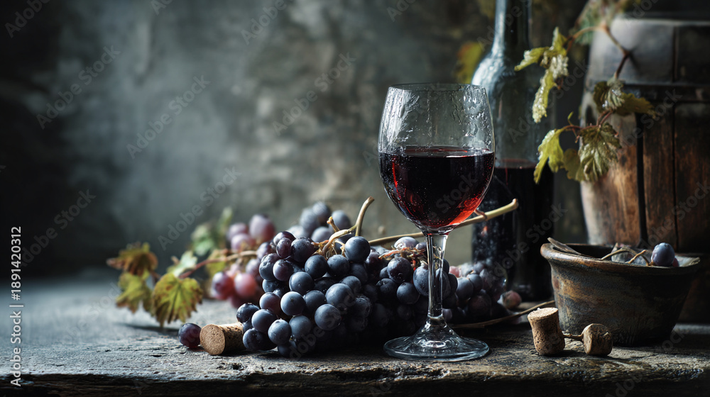 Fototapeta premium A glass of red wine and a bunch of grapes on a rustic wooden table
