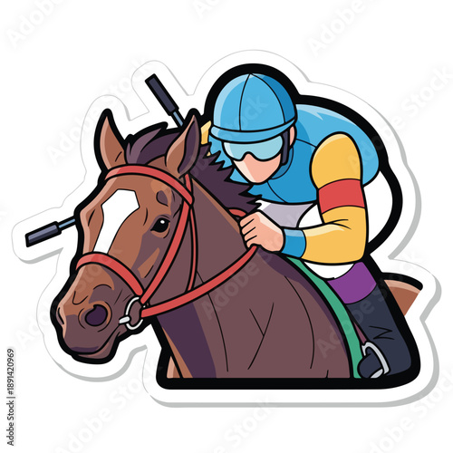 Jockey Riding Brown Horse Racing Cartoon.