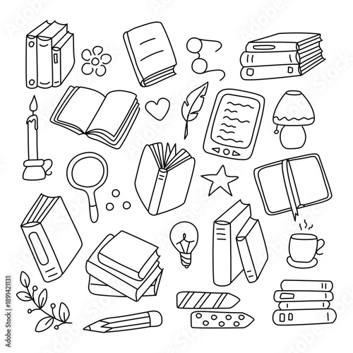 Books doodle set. Vector set, linear illustration