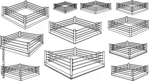 Set of Boxing rings Outline vector illustration isolated On Transparent Background
