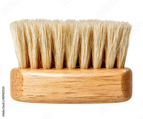 Wooden cleaning brush with dense natural bristles and a light wood grain handle is photographed in a clean, minimalist style from a side view perspective
