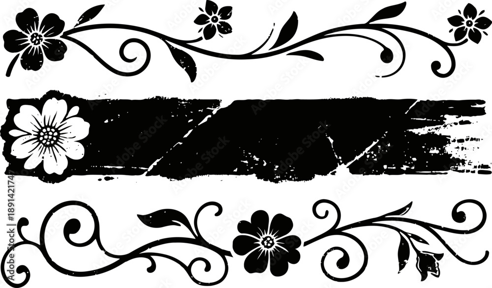 Naklejka premium black floral design elements with grunge texture for decorative borders and accents