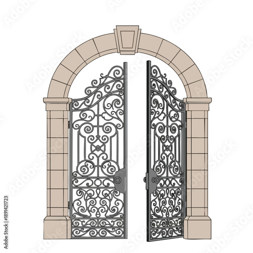 Ornate Metal Gate with Stone Archway Entrance