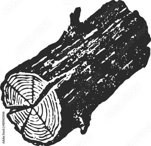 wood log illustration with bark texture and tree rings cross section design