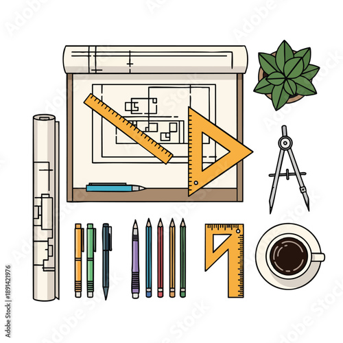 Architecture Blueprint with Office Supplies