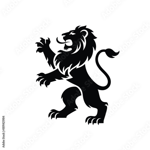 A striking black silhouette of a rampant lion with a majestic mane