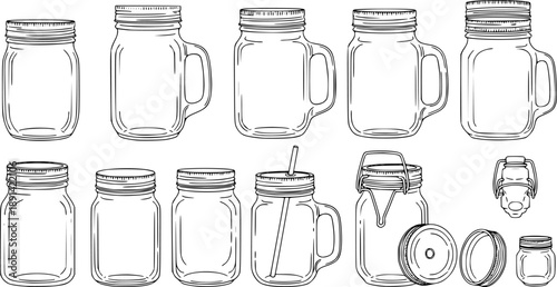 Set of Mason jars Outline vector illustration isolated On Transparent Background
