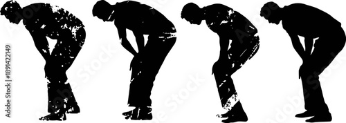 Exhausted man silhouette bending forward with hands on knees in various poses, fatigue and tiredness concept