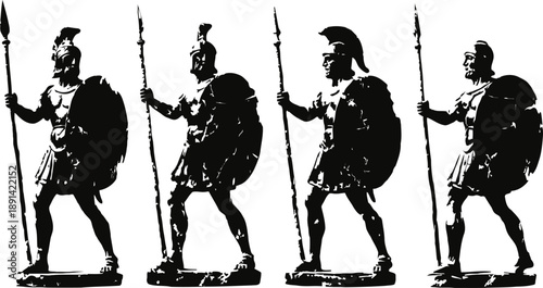 Silhouettes of ancient greek warriors with spears and shields in various poses