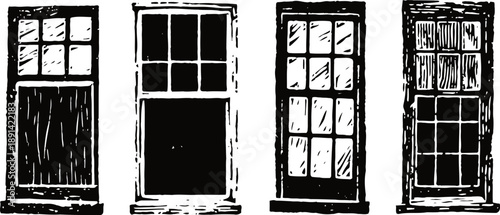 Four vintage wooden window frames with multiple glass panes in black and white sketch