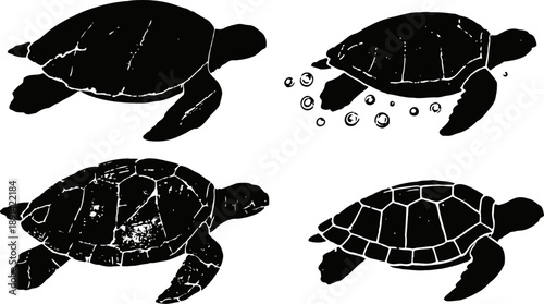 Silhouettes of four sea turtles swimming with textured shell patterns and bubbles in black