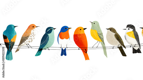 Colorful birds perched on branches in the style of a minimalist illustrator