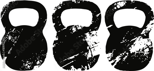 Grunge kettlebell silhouettes set with textured distressed effect for fitness and strength training