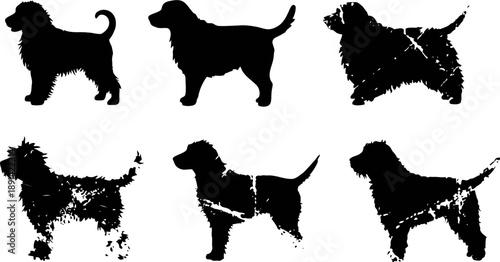 Black dog silhouettes set various dog breeds in standing poses pet animal shapes collection