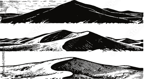 Three black and white sand dune landscapes with sun and textured shading in hand drawn
