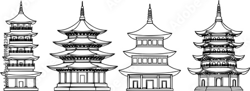 Set of Chinese pagoda Outline vector illustration isolated On Transparent Background
