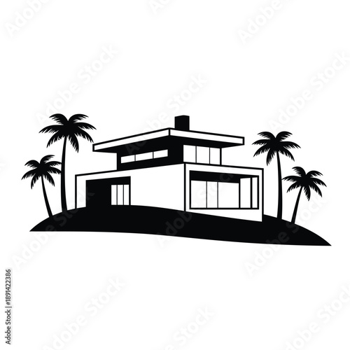 Modern house illustration with palm trees on a small island