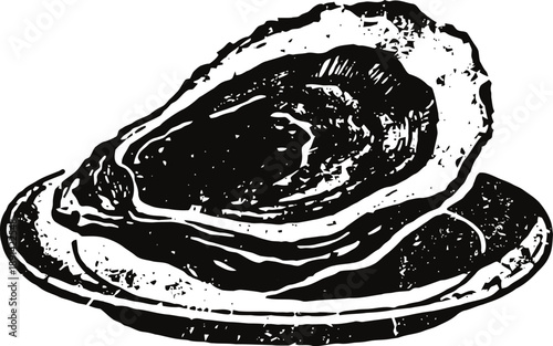 Oyster on shell with detailed texture illustration black and white seafood marine delicacy