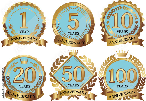 高級感のあるメルヘンな周年記念エンブレム6種セット　ブルー＆ゴールド
