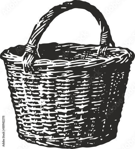 Vintage wicker basket with handle, hand drawn rustic container for storage and carrying items