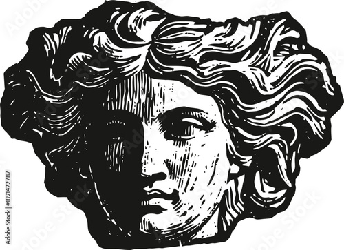 Classical ancient sculpture head, detailed vintage black and white engraving of a greco roman figure