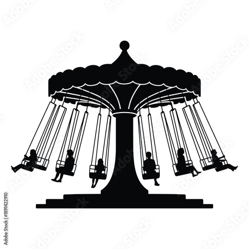A black silhouette of a classic swing ride with seated figures