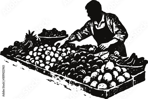 silhouette of male vendor arranging fruits at market stall with variety of fresh produce