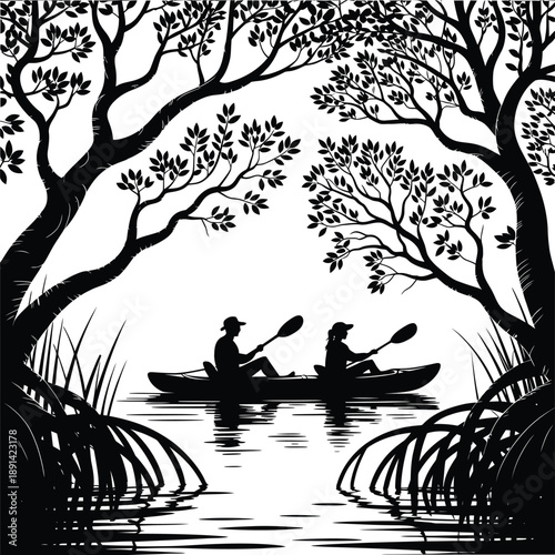 Silhouetted canoe with two people paddling on a calm body of water