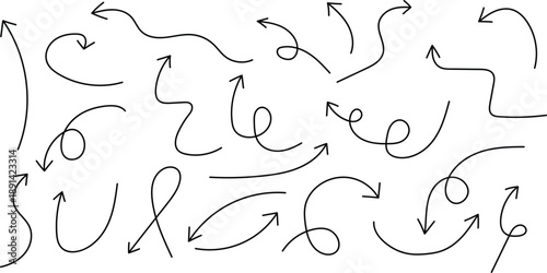 A collection of abstract black line art pieces with arrows and swirling patterns on a white background creating a sense of movement and fluidity