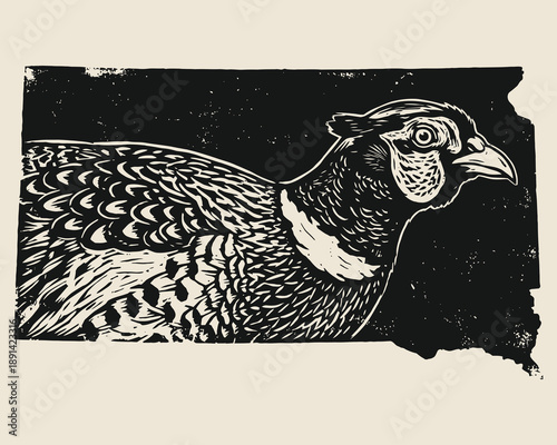 South Dakota Ringneck Pheasant Map Woodcut Style Illustration